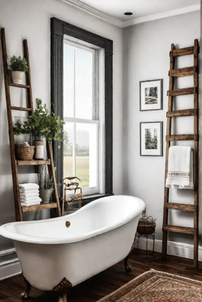 Farmhouse Bathroom with Clawfoot Tub and Wooden Ladder