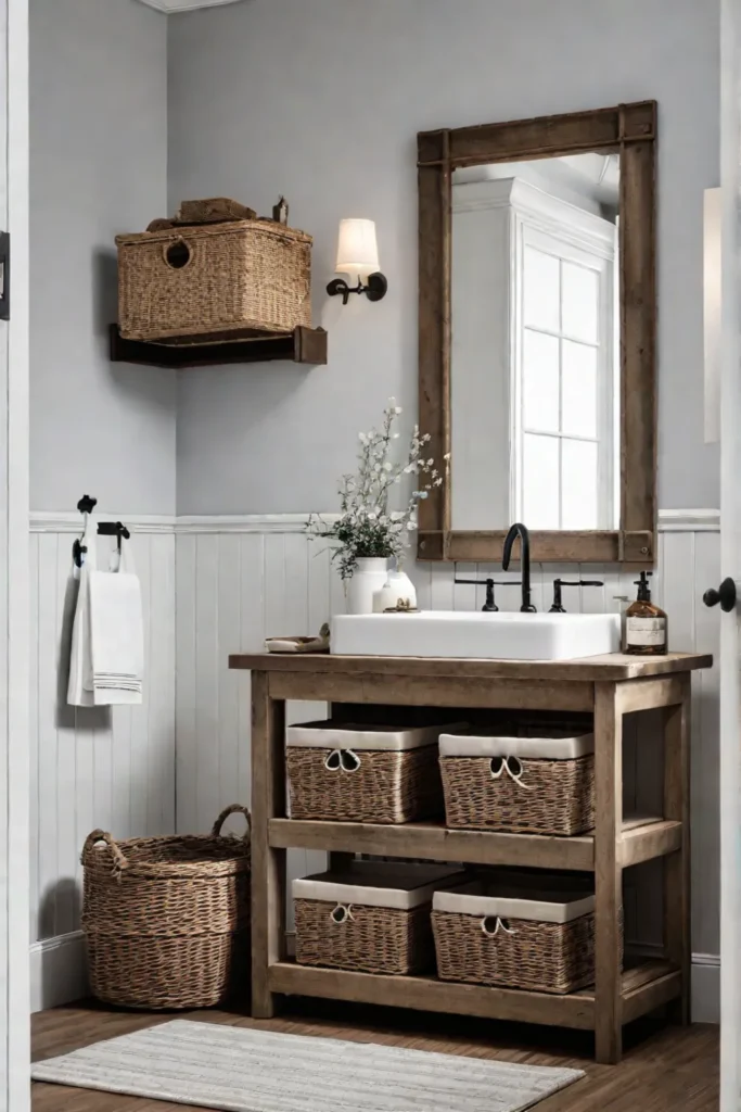 Farmhouse Bathroom with Distressed Vanity and Wicker Accents