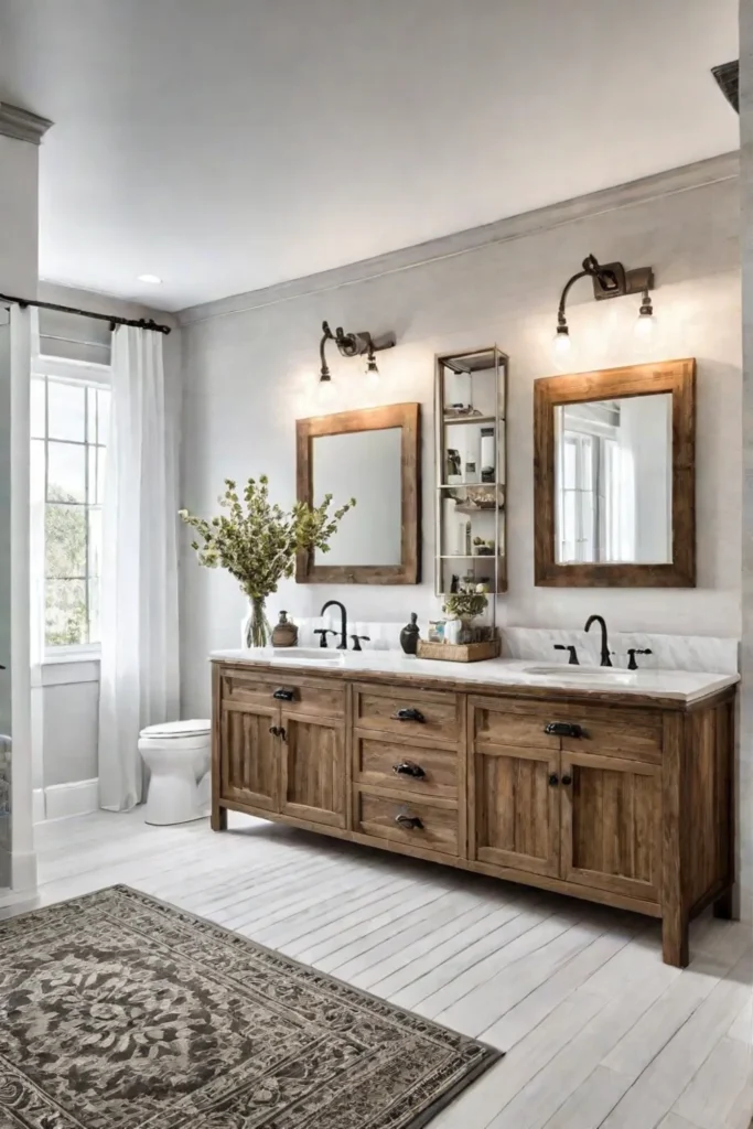 Farmhouse Bathroom with Double Sinks and Storage