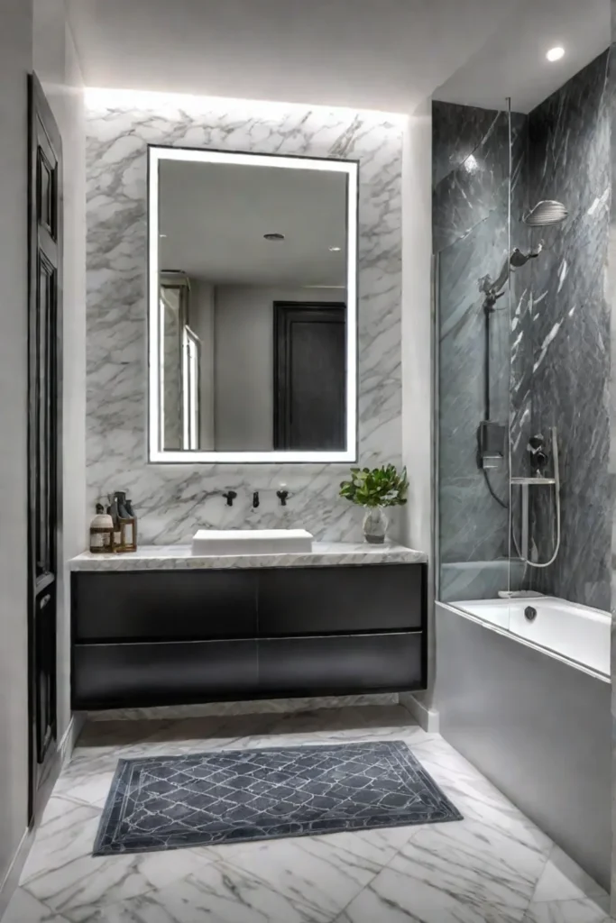 Farmhouse Bathroom with Marble Vanity and Glass Shower