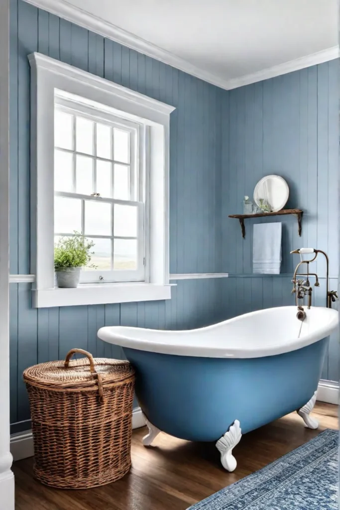 Farmhouse bathroom with blue clawfoot tub and wicker hamper