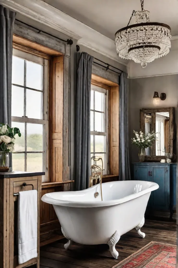 Farmhouse bathroom with clawfoot tub and vintage mirror