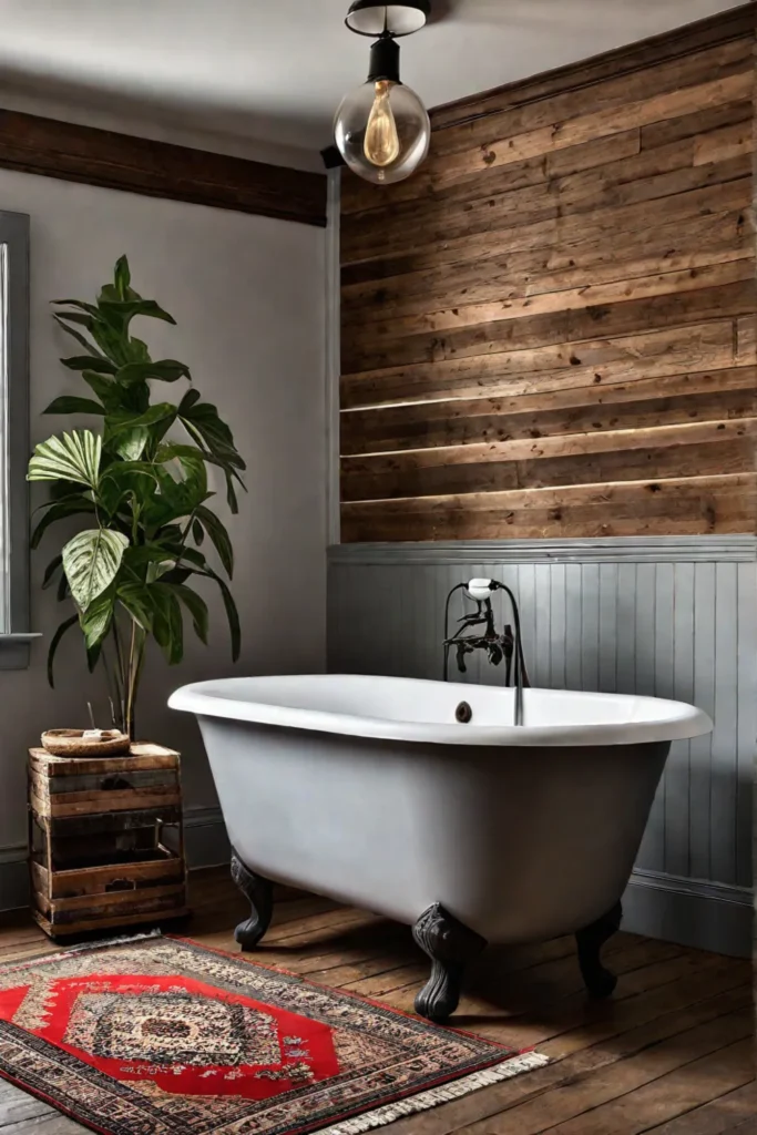 Farmhouse bathroom with clawfoot tub and wooden vanity