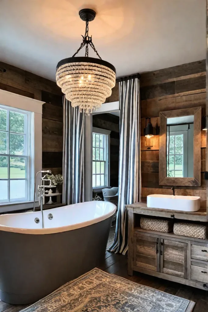Farmhouse bathroom with double barnwood vanity and chandelier