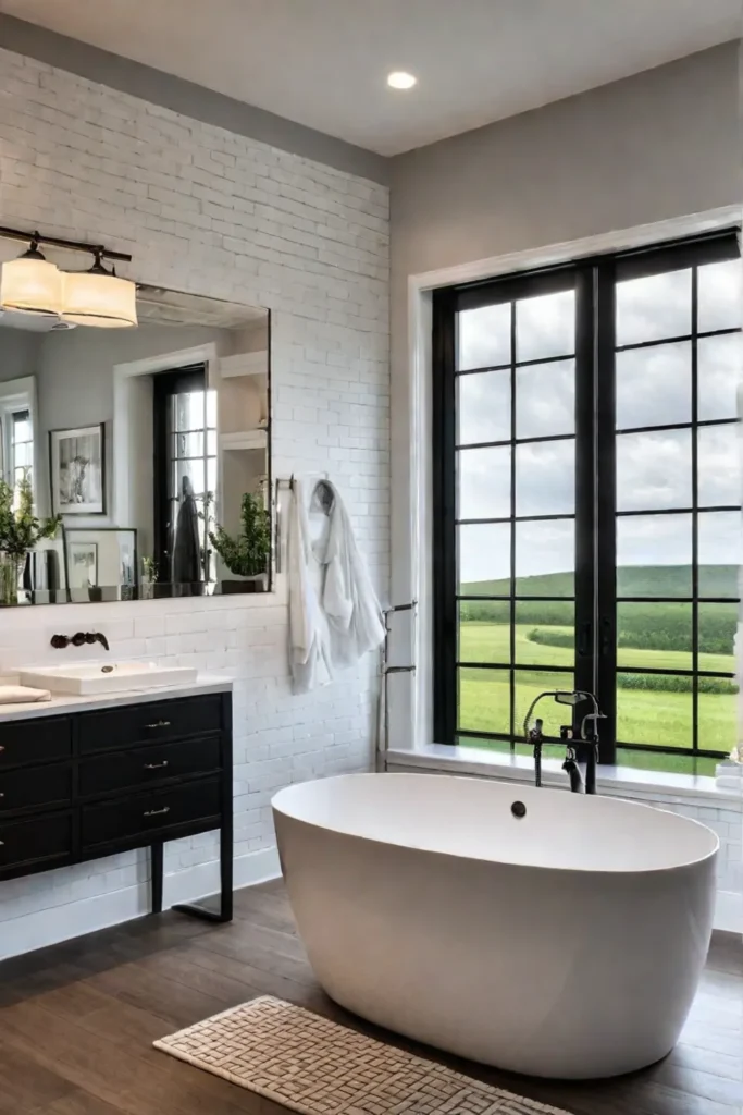 Farmhouse bathroom with double vanity and walkin shower