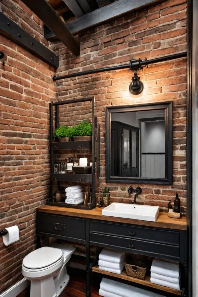 Farmhouse bathroom with exposed brick and wooden vanity