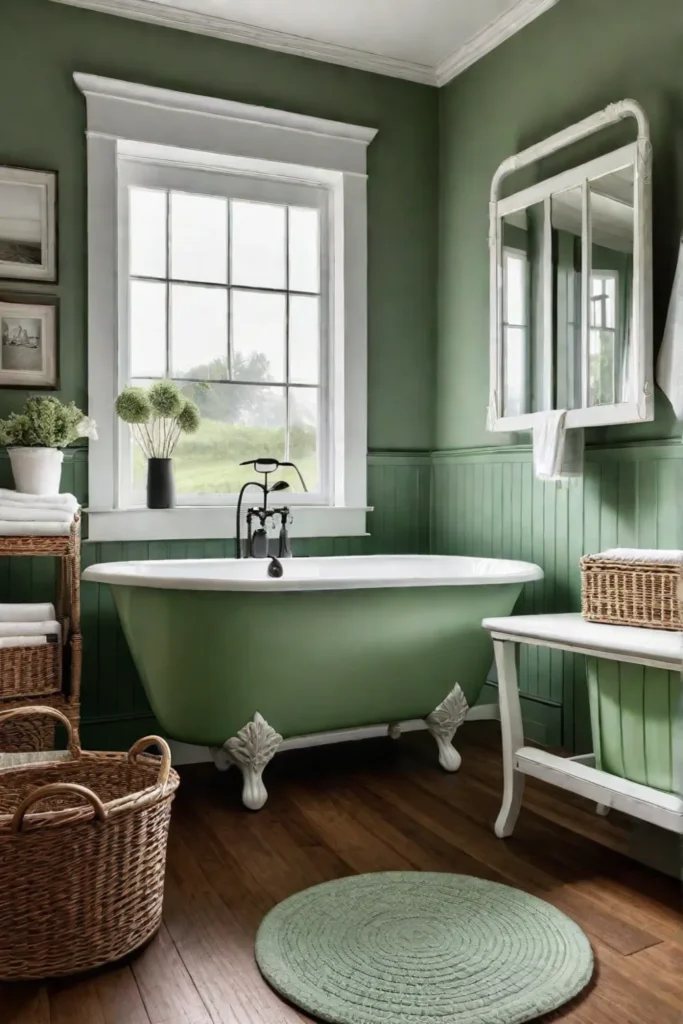 Farmhouse bathroom with green clawfoot tub and wicker hamper