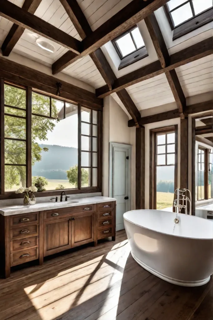 Farmhouse bathroom with large window and wooden beams
