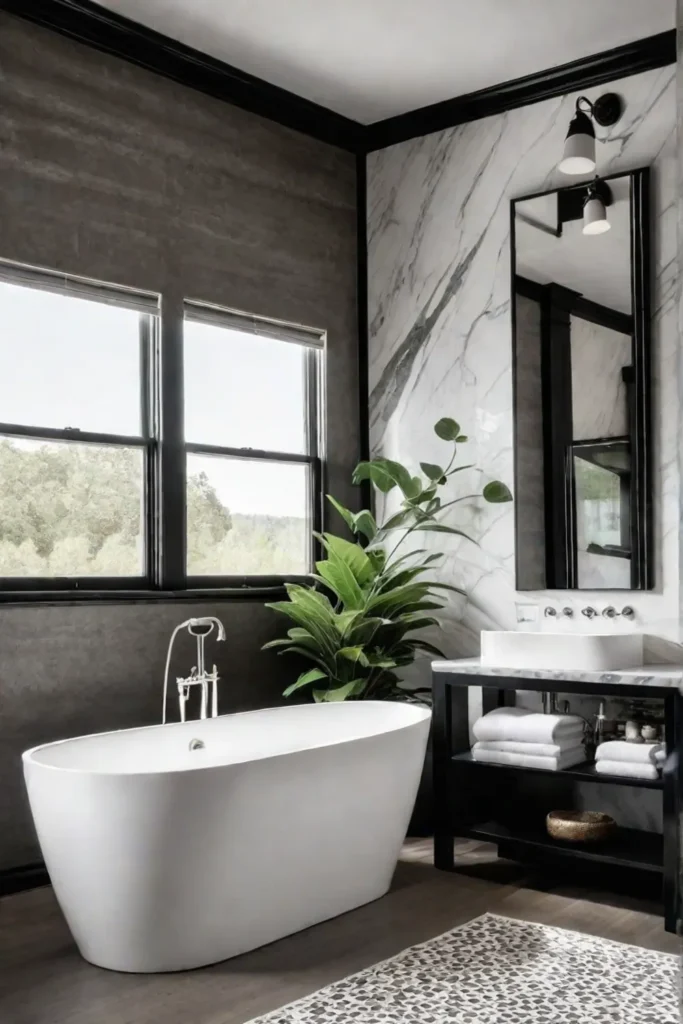 Farmhouse bathroom with open shower and freestanding tub