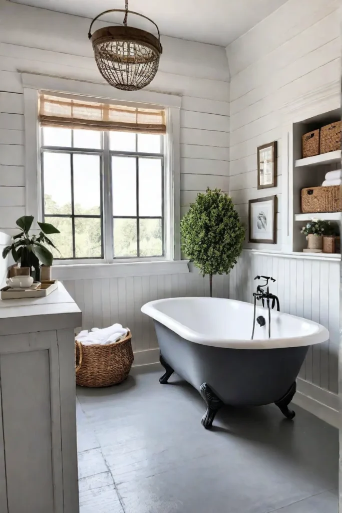 Farmhouse bathroom with painted concrete floor and shiplap walls