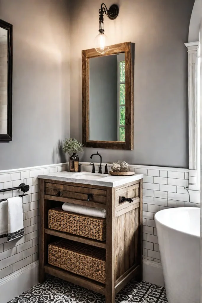 Farmhouse bathroom with reclaimed wood vanity and patterned floor tile