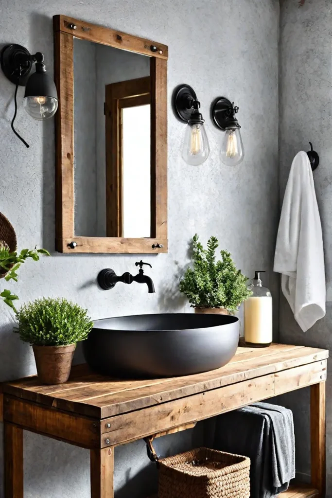 Farmhouse bathroom with rustic vanity and galvanized shelf