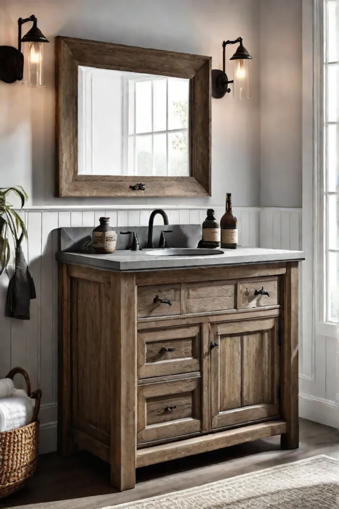 Farmhouse bathroom with rustic wood vanity and stone countertop