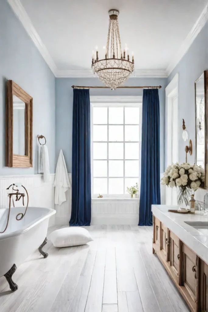 Farmhouse bathroom with white and blue color scheme and large window
