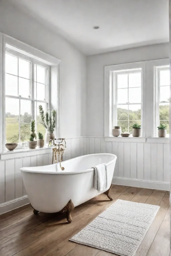 Farmhouse bathroom with white color scheme and natural wood accents