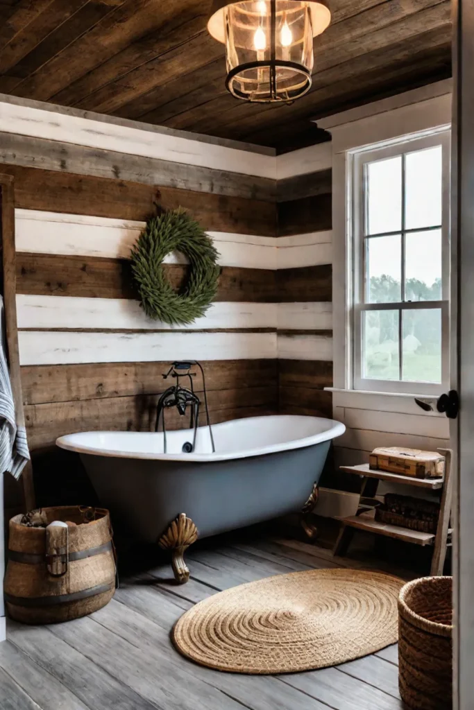 Farmhouse bathroom with wooden accents and clawfoot tub