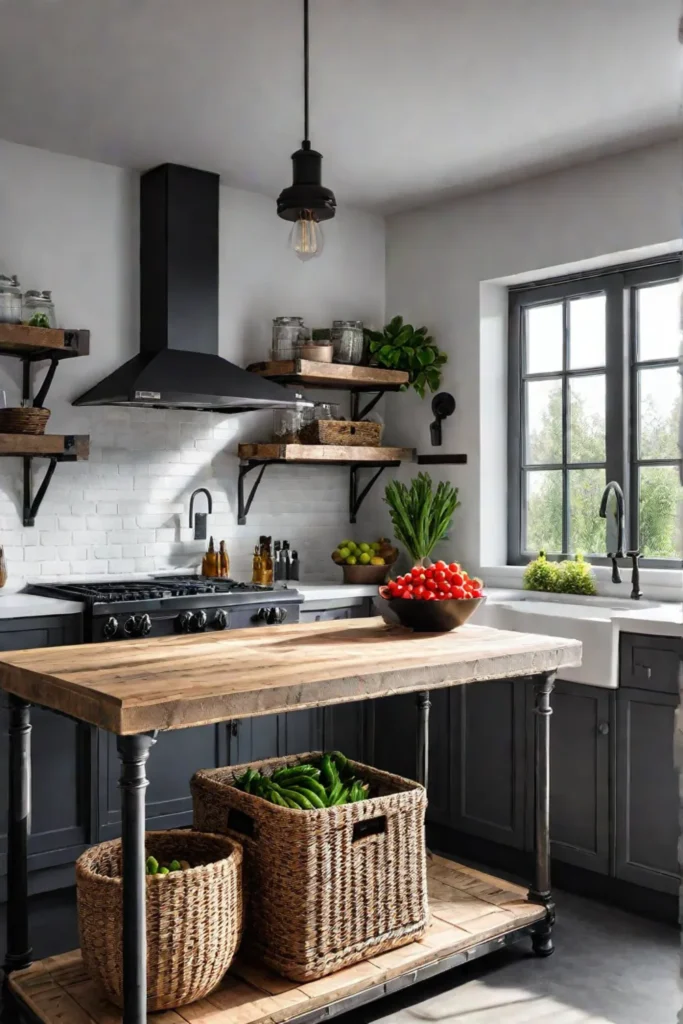 Farmhouse kitchen island with reclaimed wood and industrial pipe legs
