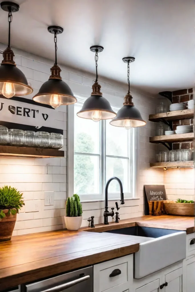 Farmhouse kitchen with vintage pendant lights and undercabinet lighting