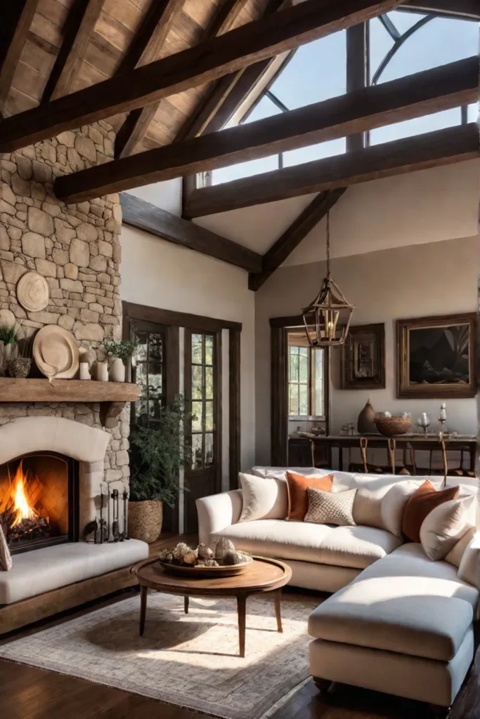 Farmhouse style living room with natural light and rustic elements