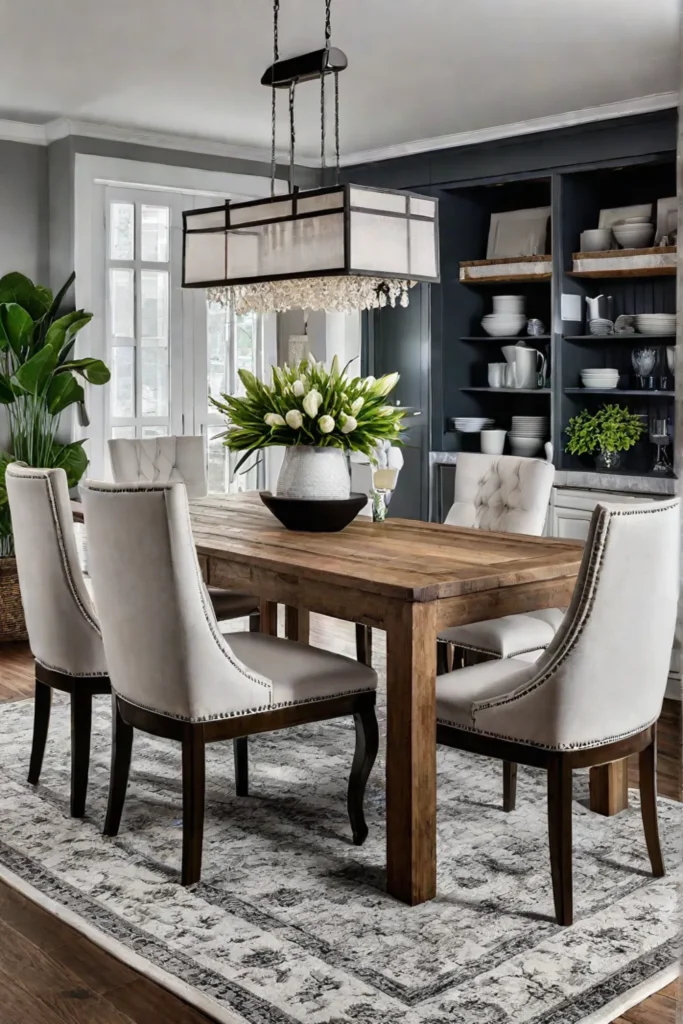 Farmhouse kitchen table with modern dining chairs