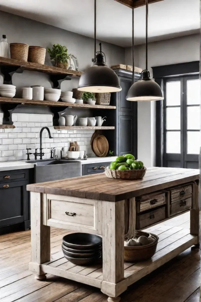 Farmhousestyle kitchen island with farmhouse sink and open shelving