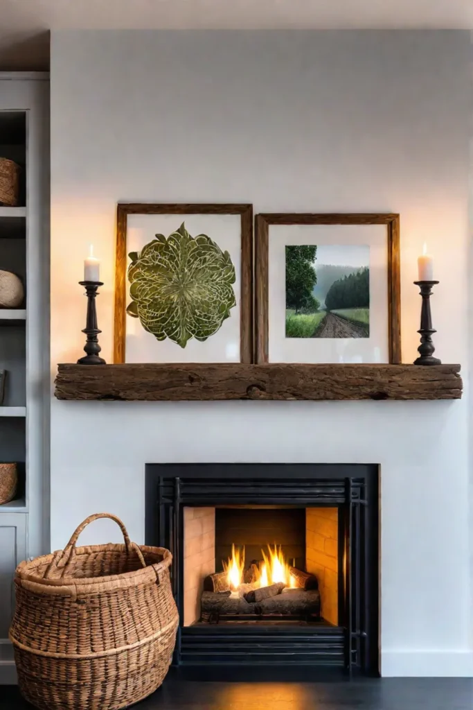 Fireplace with rustic mantel decor and firewood basket