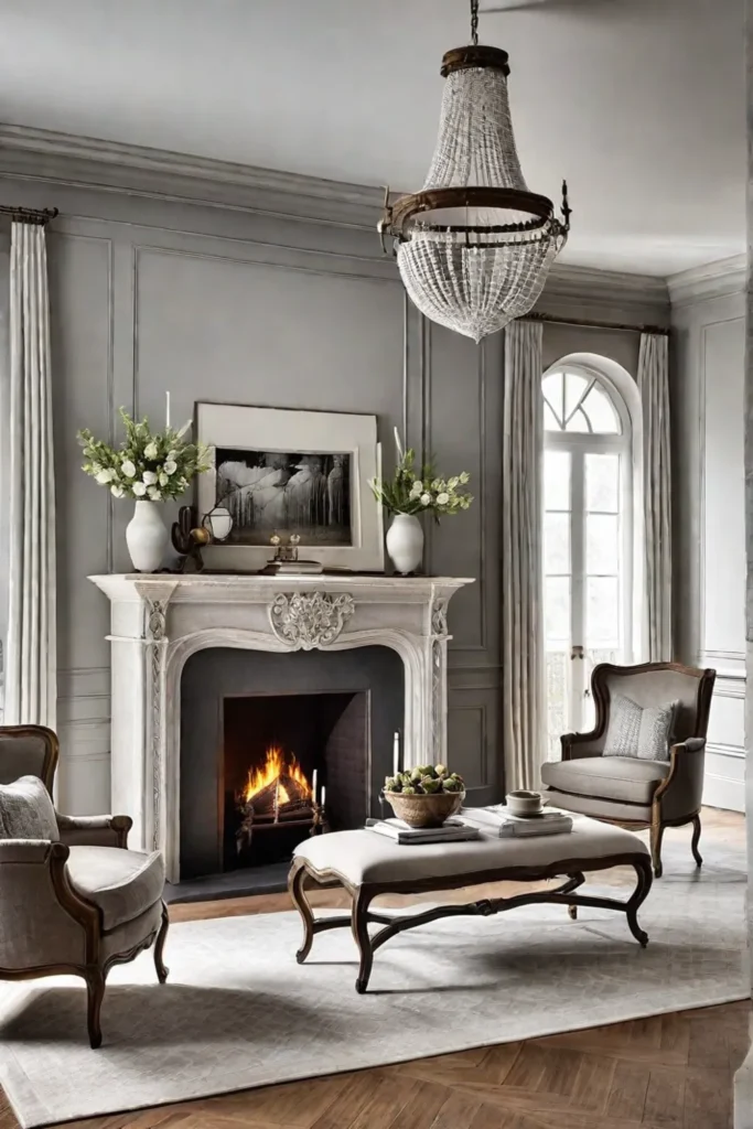 French country living room with limestone fireplace and antique decor