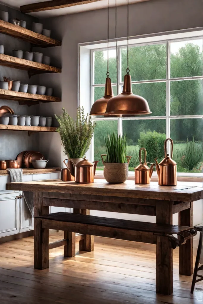 French country kitchen with lavender field view and copper pots