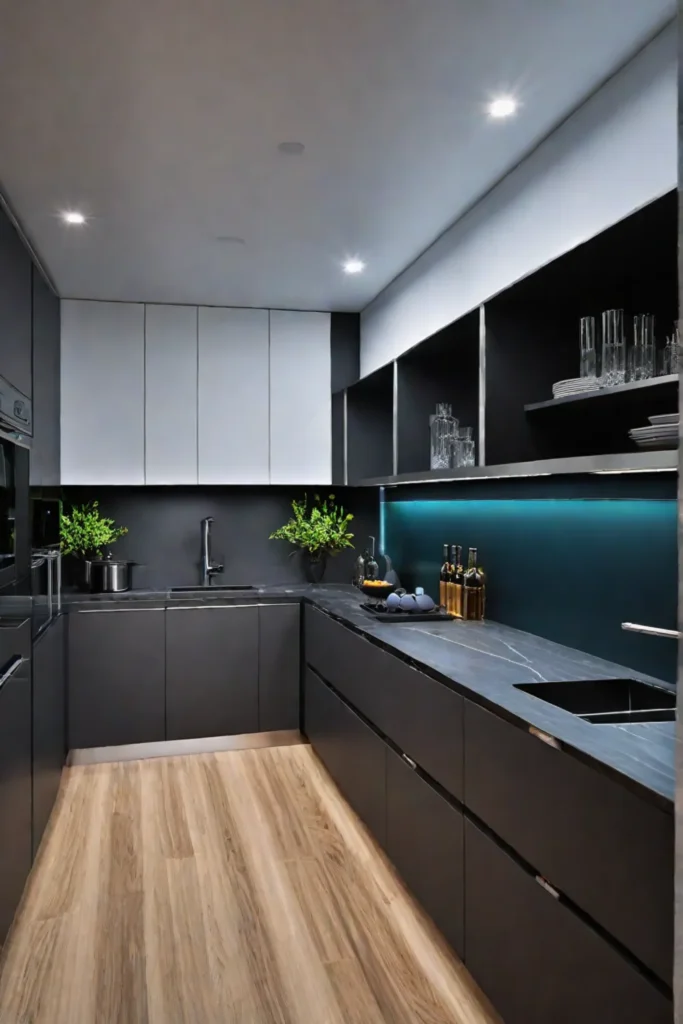 Galley kitchen with undercabinet and recessed lighting