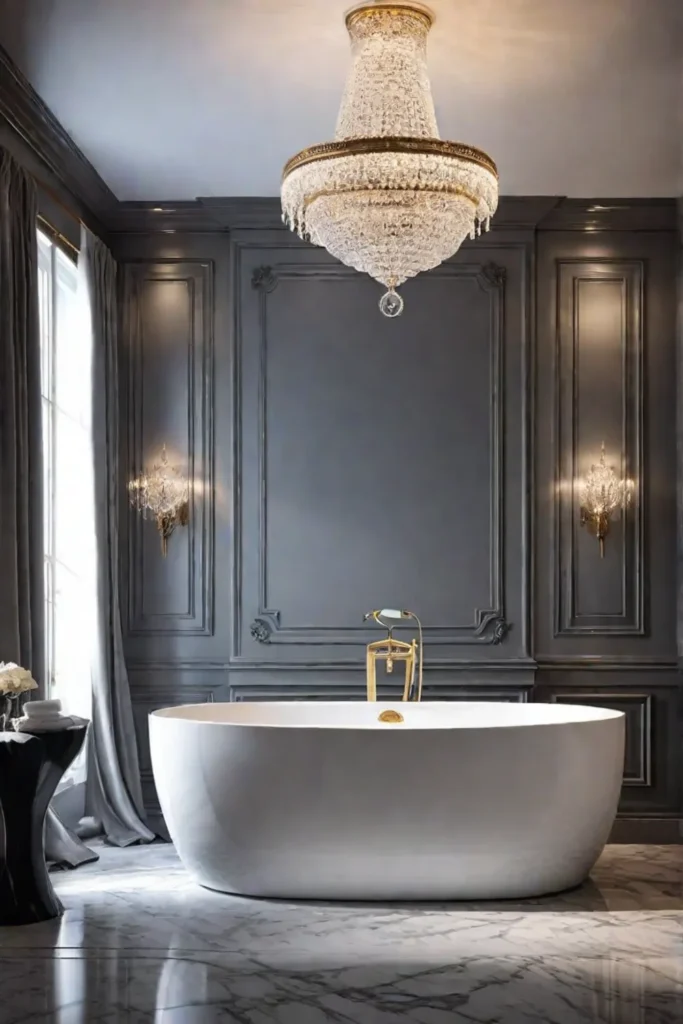 Glamorous bathroom with marble tiles and crystal chandeliers