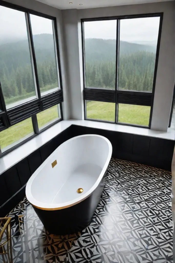 Glamorous black and white bathroom with patterned tiles and a freestanding tub