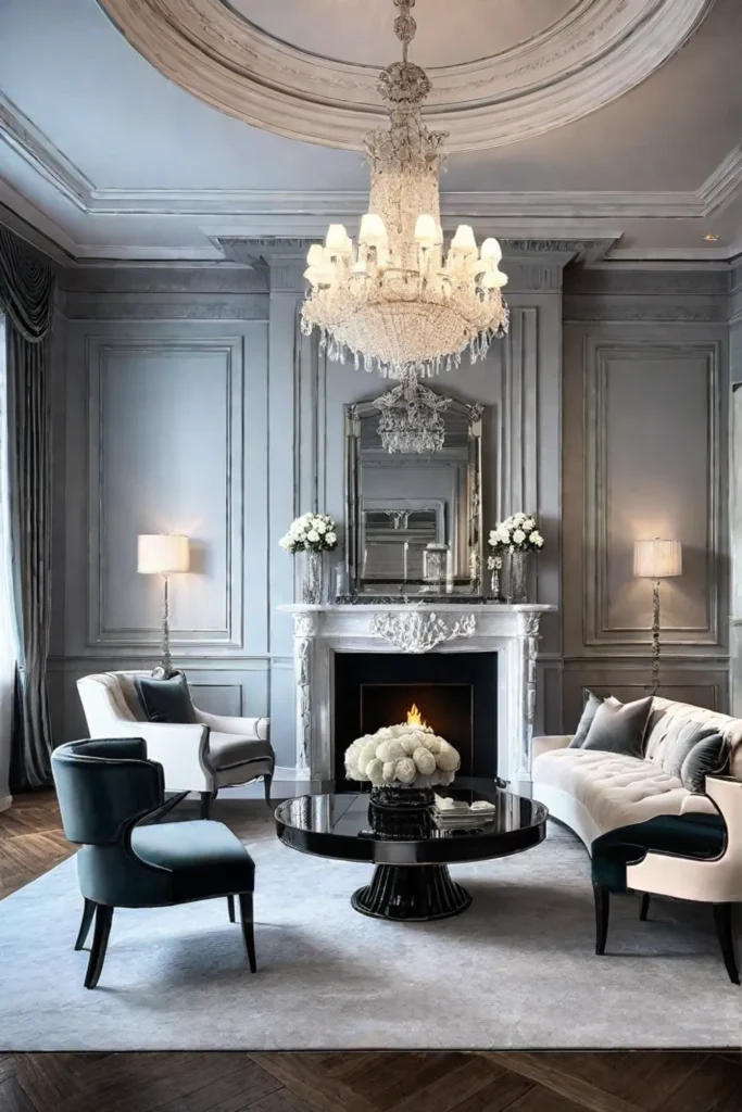 Glamorous living room with marble fireplace and mirrored surround