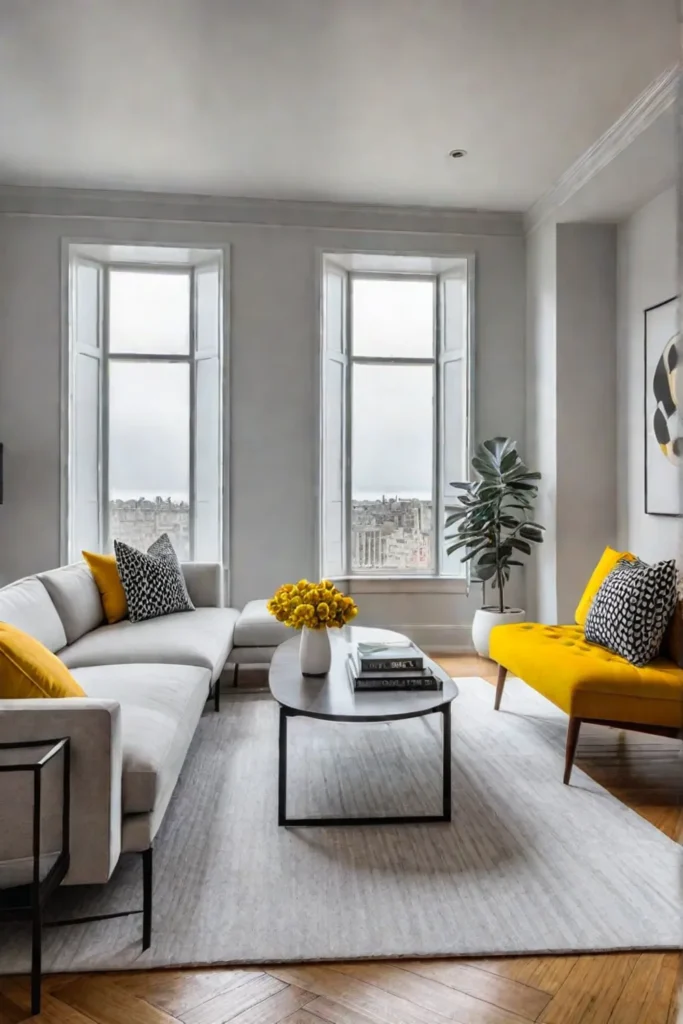 Gray living room with mustard yellow accents