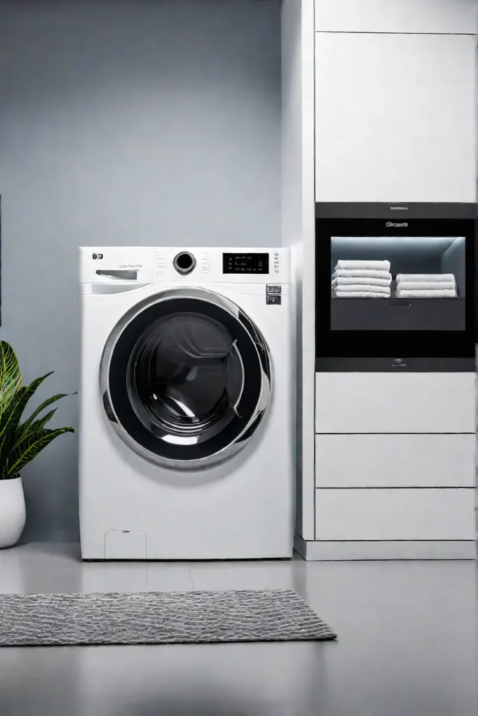 Hightech laundry room with smart appliances and voice control