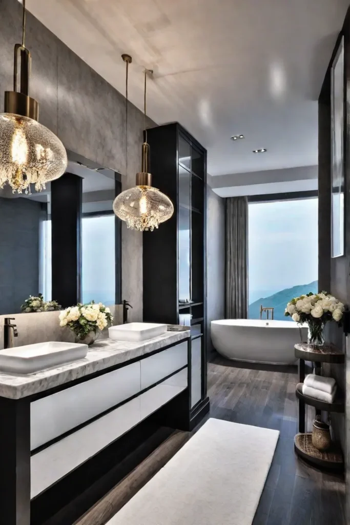 Hotelinspired small bathroom with glamorous elements