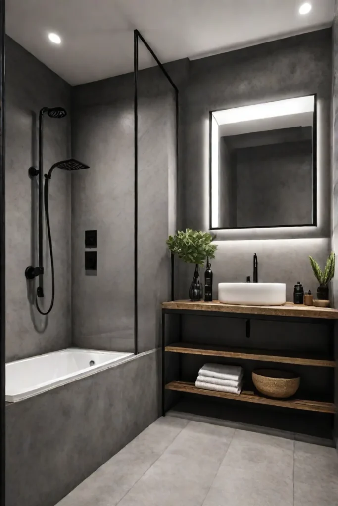 Industrial bathroom with a shower showcasing concretelook porcelain tiles