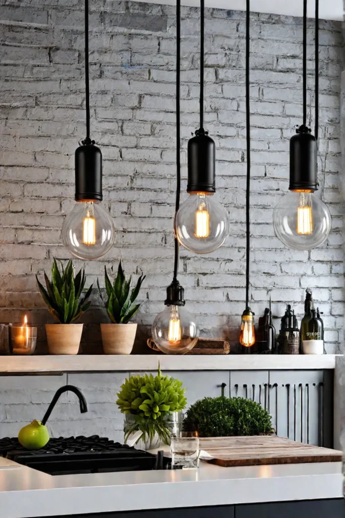 Industrial kitchen with Edison bulb pendants and track lighting