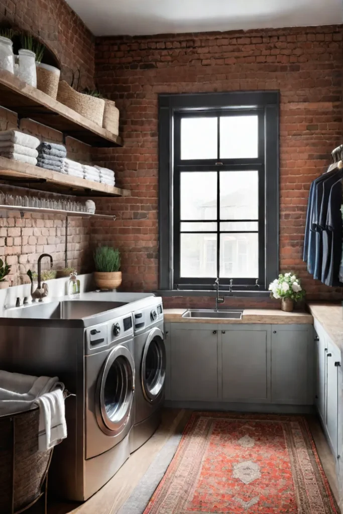 Industrial laundry room with exposed brick and open shelving