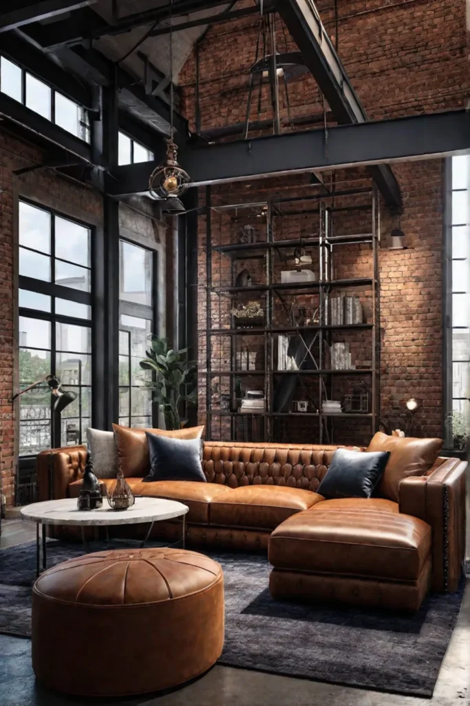 Industrial living room with a leather sofa and metal accents