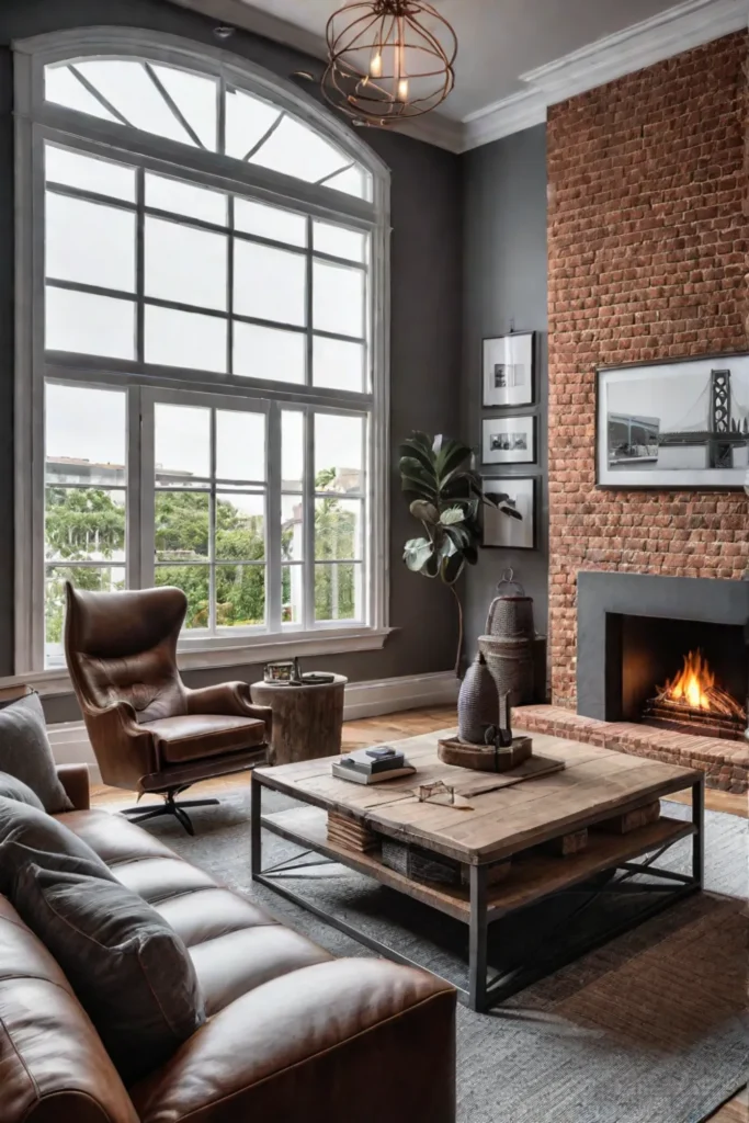 Industrial living room with fireplace and metal accents