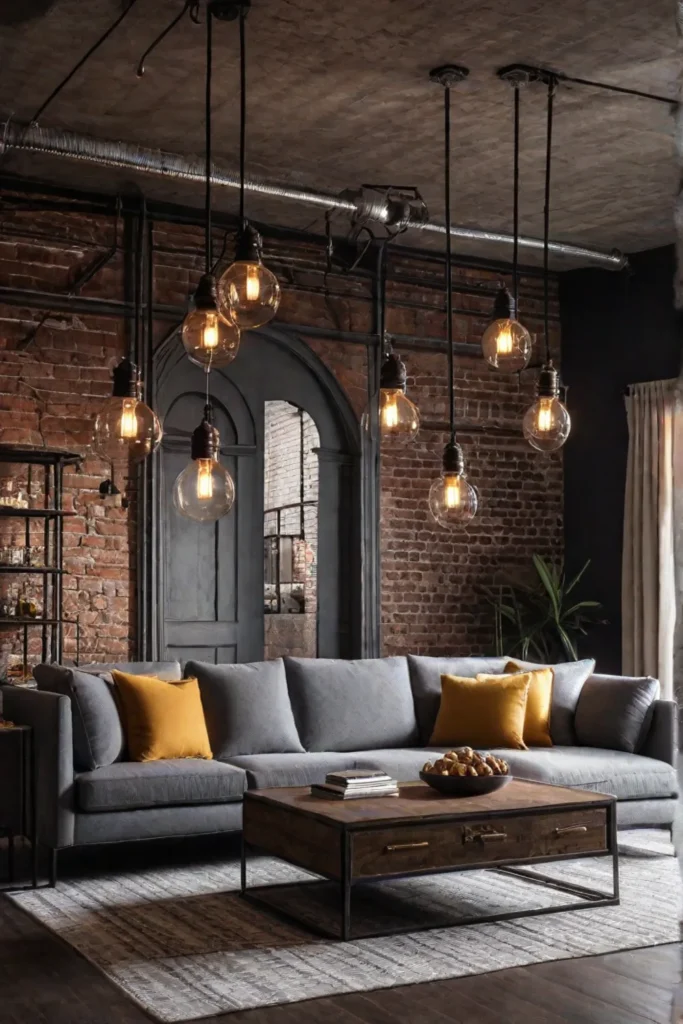 Industrial living room with vintage light fixtures