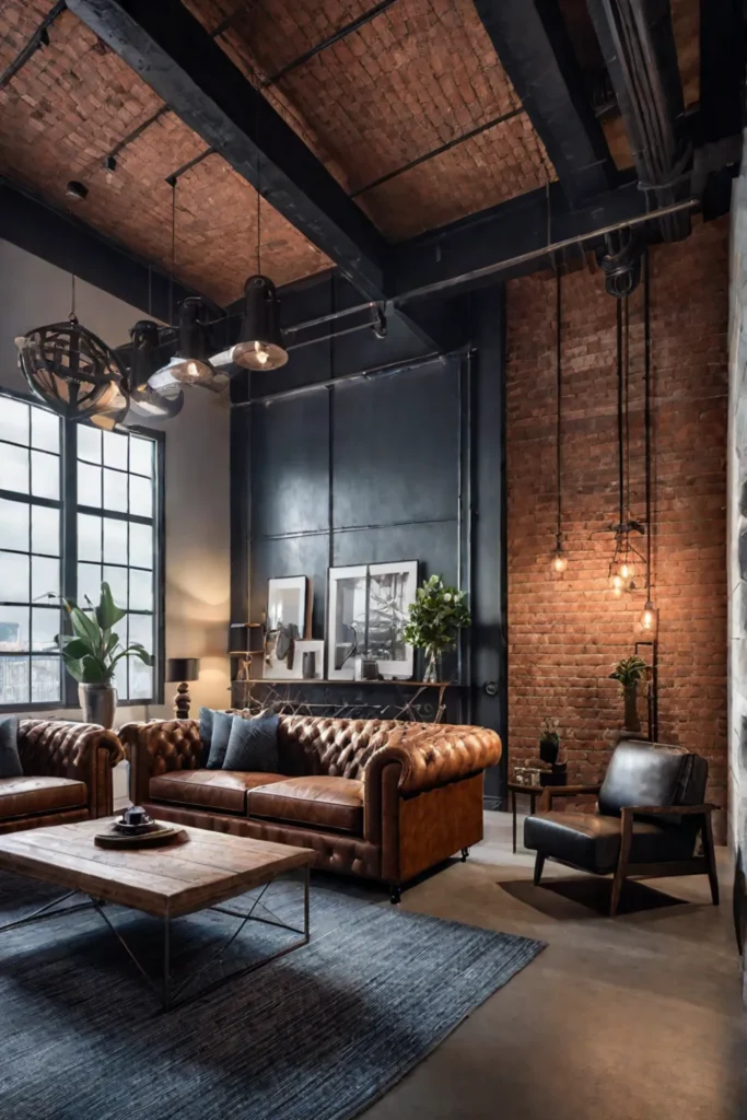 Industrial style living room with exposed brick and metal accents