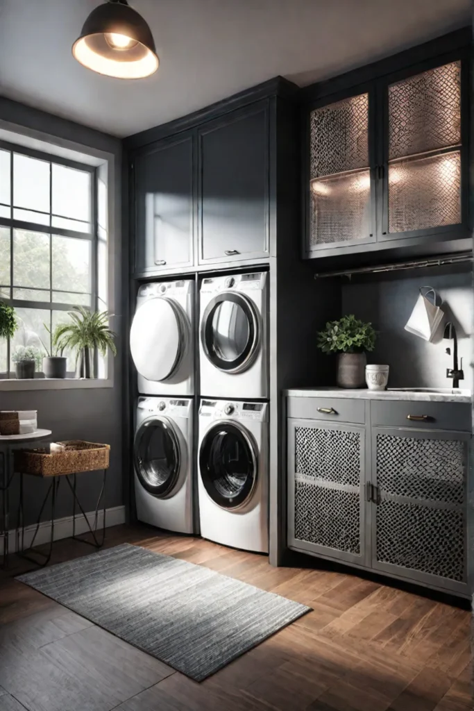 Industrial laundry room with metal cabinets and mesh hamper