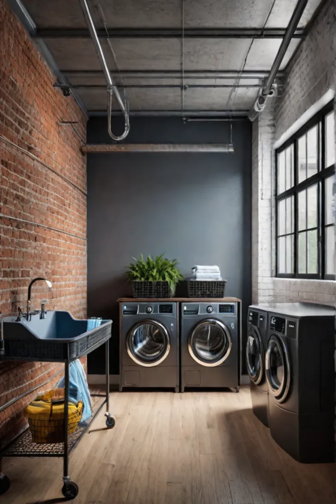 Industrial laundry room with metal shelving and utility sink