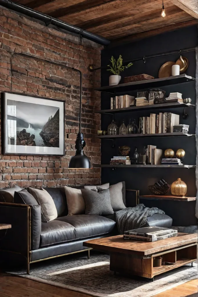 Industrial living room with metal shelves and cabinets