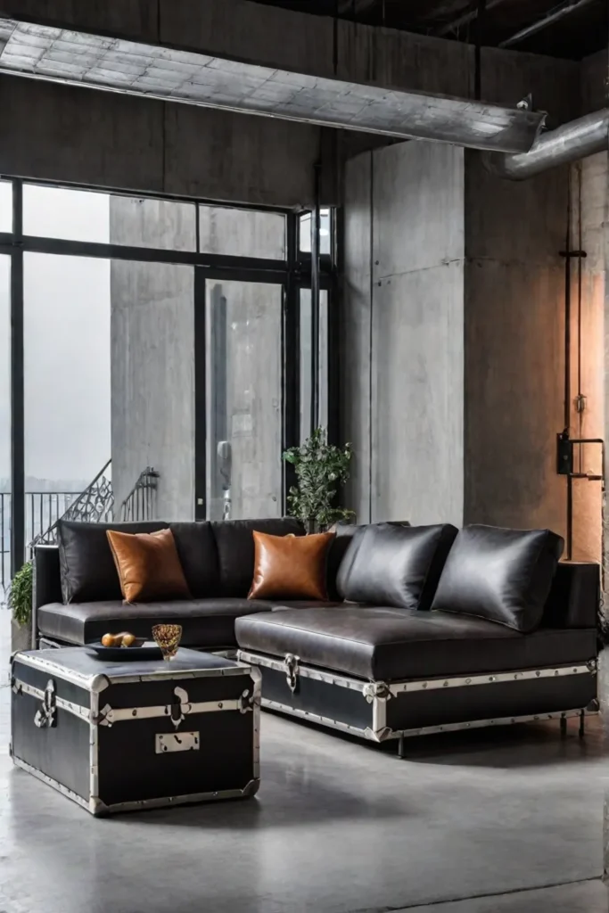 Industrialchic living room with a leather sofa bed vintage trunk and metal