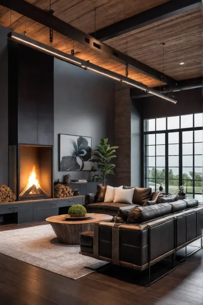 Industrialchic living room with doublesided gas fireplace and metal surround