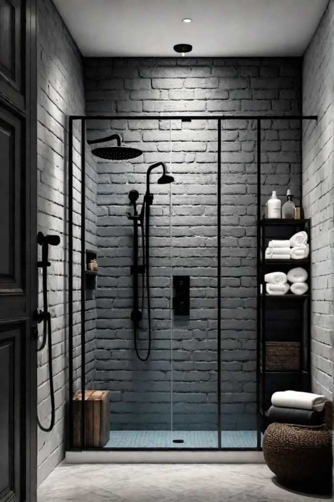 Industrialstyle bathroom with walkin shower and body jets