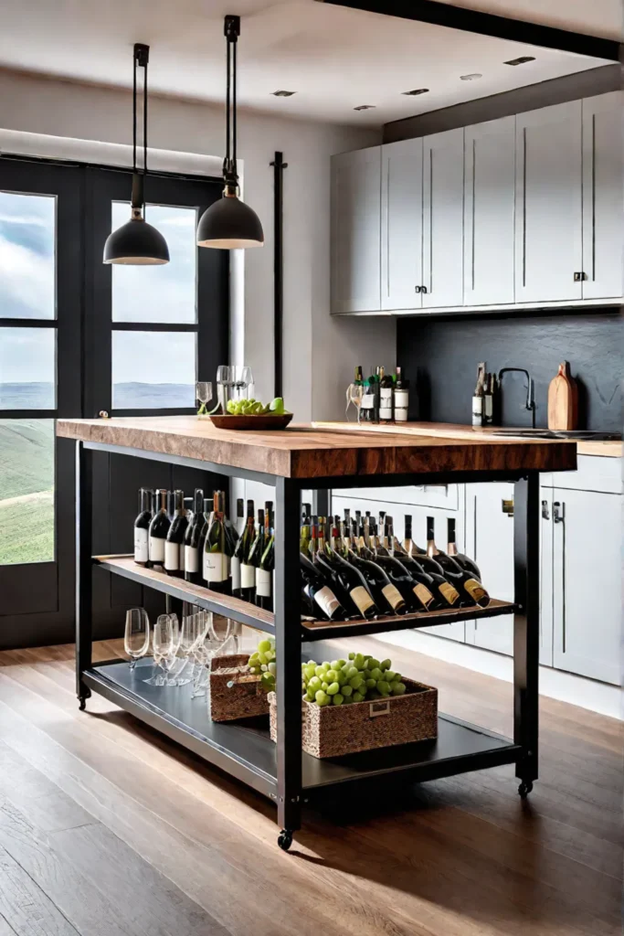 Industrialstyle kitchen island with wine rack and open shelving