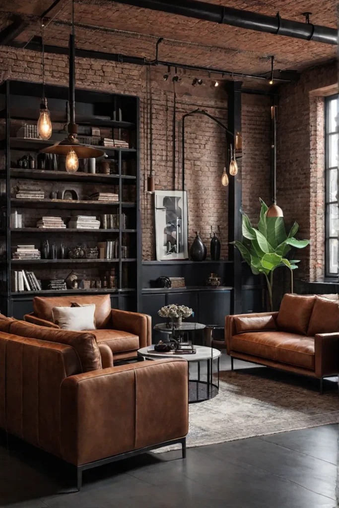 Industrialstyle living room with exposed brick and metal accents